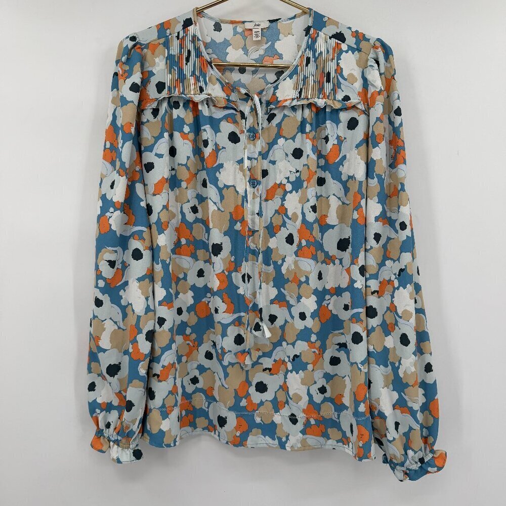 Joie Floral  Fields Long Sleeve Blouse Pleated Yoke Tie Neck Blue Boho Top M